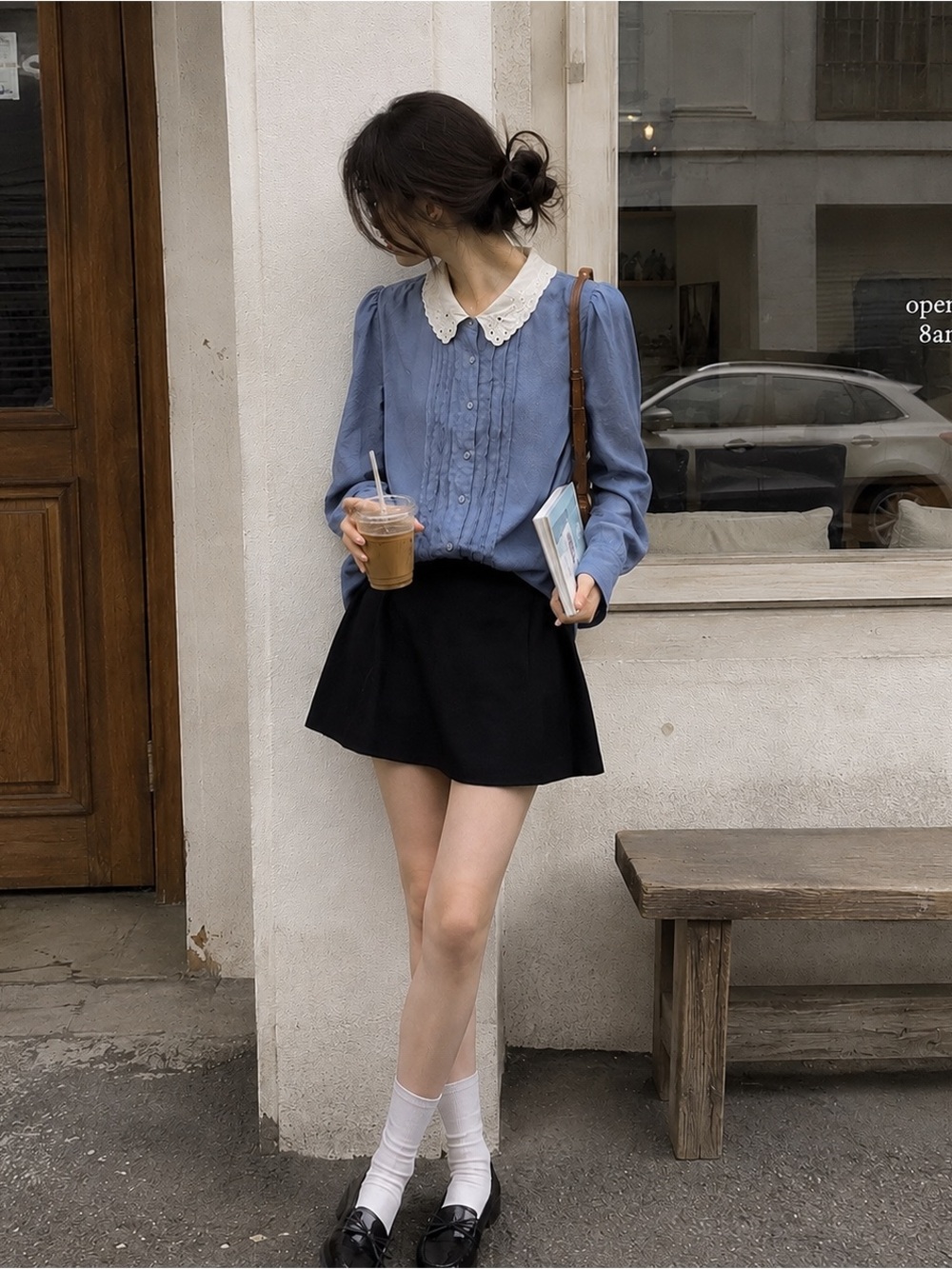 Vintage Blue Lace Collar Blouse Peter Pan Collar Puff Sleeve Top Size L